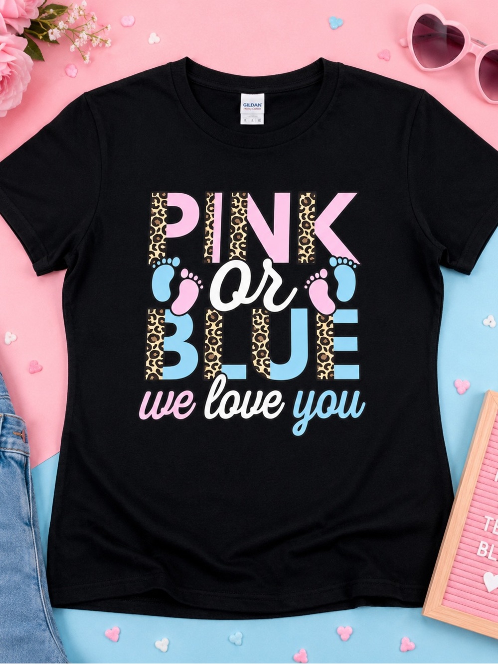 Gildan Black Tee with Pink & Blue Gender Reveal Graphic